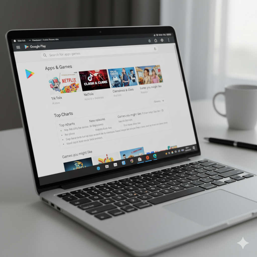 Laptop screen with Android emulator interface showing Google Play Store open