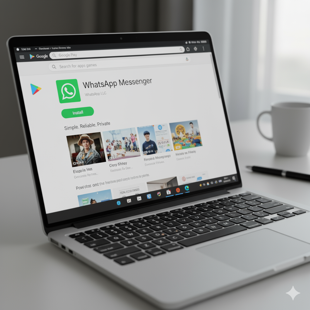 Android emulator window showing WhatsApp Messenger app installation from Google Play.