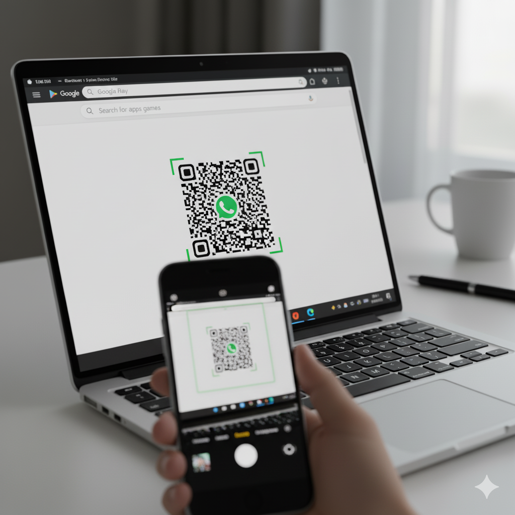Phone camera scanning a QR code from WhatsApp running inside an emulator on laptop.