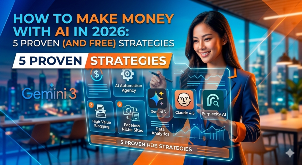 Infographic showing how to make money with AI in 2026 using free tools.